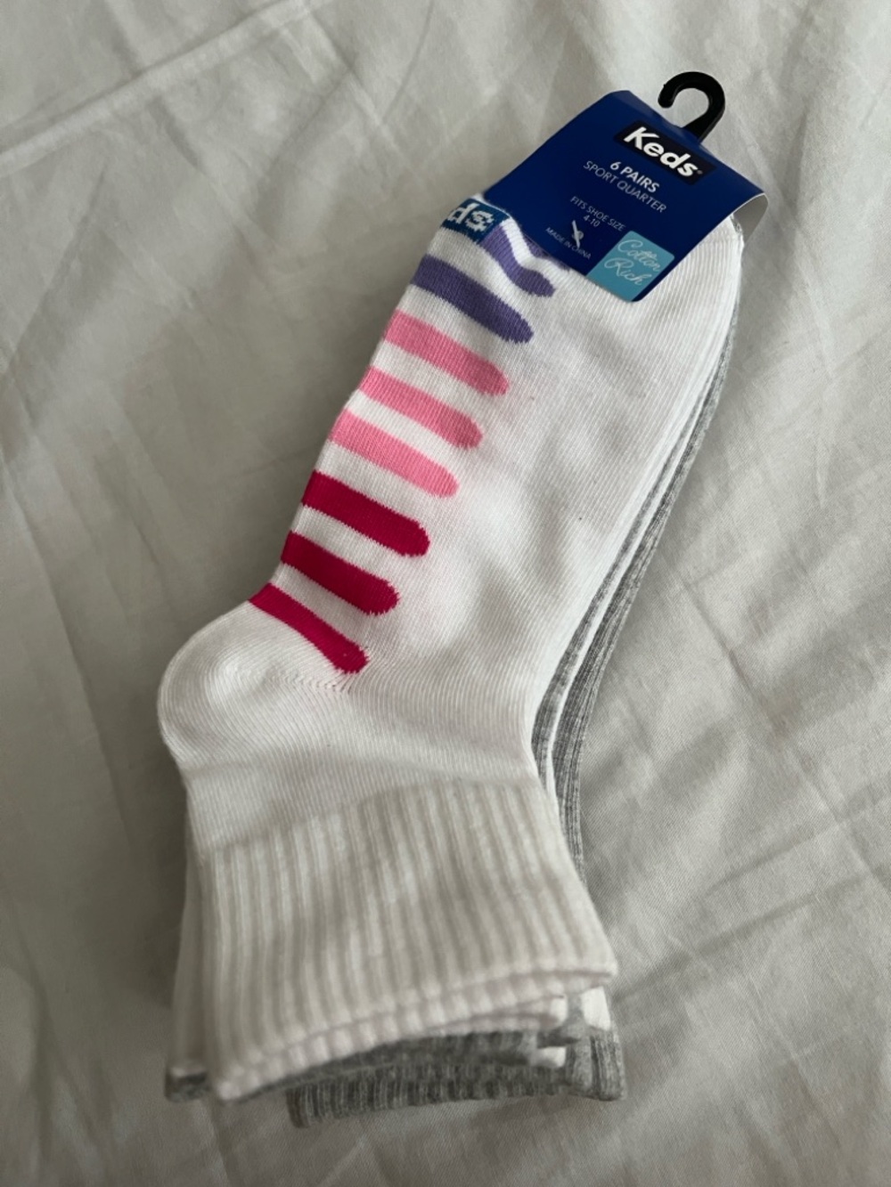 Keds women White Sport Quarter Socks with Pink & Purple Accent - 6 Pairs
